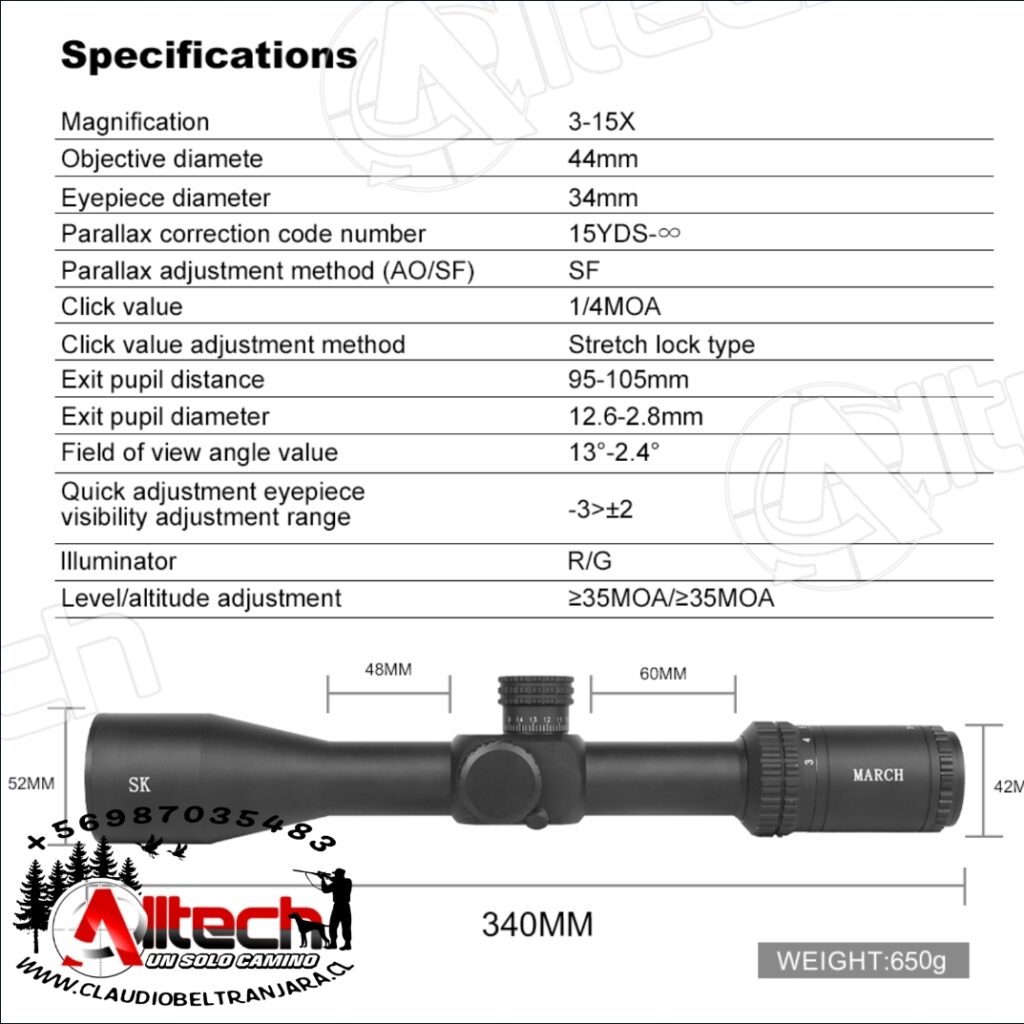 Mira Telescópica MARCH SK 3-15X44 FFP IR PRIMER PLANO armeria alltech claudio beltran aire comprimido