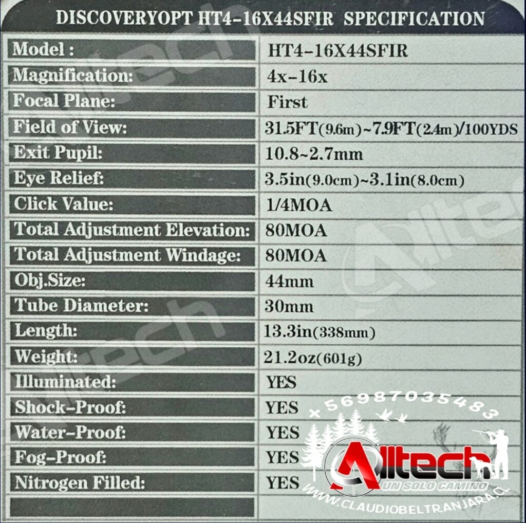 MIRA TELESCÓPICA DISCOVERY HT 4-16X44 SFIR FFP (PRIMER PLANO FOCAL) claudio beltran jara alltech armeria