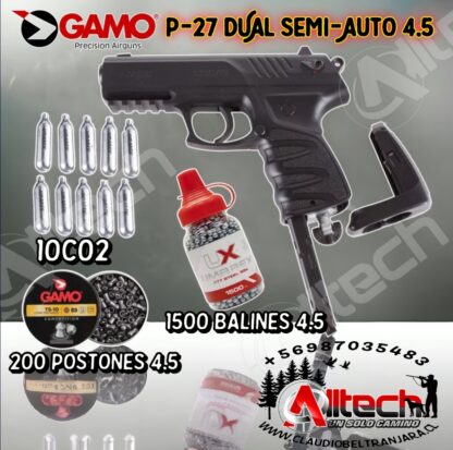 PISTOLA GAMO P-27 DUAL BALIN O POSTON CAL. 4.5 + 10co2 + 1500 balines + 200 postones claudio beltran jara armeria alltech aire comprimido co2