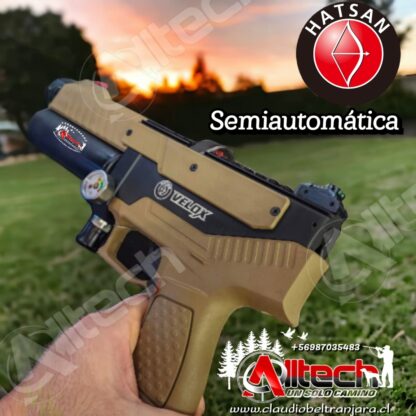 PISTOLA HATSAN VELOX 5.5 SEMIAUTOMATICA PCP AIRE COMPRIMIDO POSTONES ARMERIA ALLTECH CLAUDIO BELTRAN COMPETECIA TIRO AL BLANCO CAZA Y PESCA BOMBIN 300BAR 4500PSI SCUBA COMPRESOR