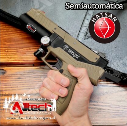 PISTOLA HATSAN VELOX 5.5 SEMIAUTOMATICA PCP AIRE COMPRIMIDO POSTONES ARMERIA ALLTECH CLAUDIO BELTRAN COMPETENCIA TIRO AL BLANCO CAZA Y PESCA BOMBIN 300BAR 4500PSI SCUBA COMPRESOR