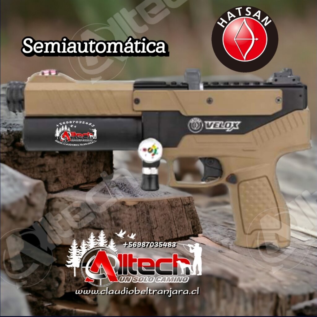 PISTOLA HATSAN VELOX 6.35 PCP AIRE COMPRIMIDO POSTONES ARMERIA ALLTECH CLAUDIO BELTRAN COMPETECIA TIRO AL BLANCO CAZA Y PESCA