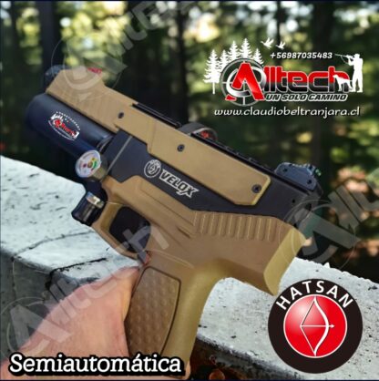 PISTOLA HATSAN VELOX 6.35 SEMIAUTOMATICA PCP AIRE COMPRIMIDO POSTONES ARMERIA ALLTECH CLAUDIO BELTRAN COMPETENCIA TIRO AL BLANCO CAZA Y PESCA BOMBIN 300BAR 4500PSI SCUBA COMPRESOR