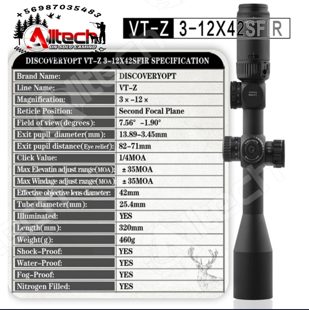 MIRA TELESCOPICA DISCOVERY VTZ 3-12X42 SEGUNDO PLANO ARMERIA ALLTECH CLAUDIO BELTRAN AIRE COMPRIMIDO PCP RIFLES COMPRESOR SCUBA