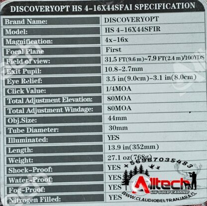 Mira Telescópica Discovery Hs 4-16 x 44 Sfir Ffp primer plano focal claudio beltra armeria alltech aire comprimido pcp rifle poston scuba