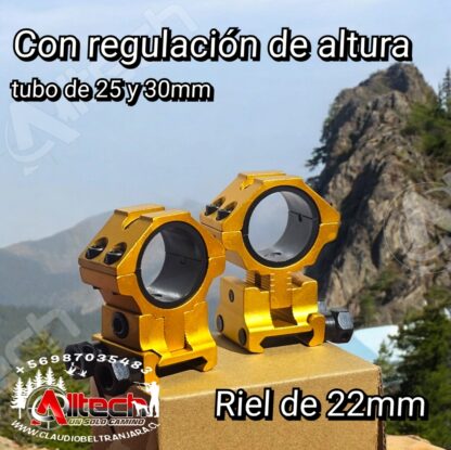 WESTHUNTER PICATINNY MONTURA ALTA 22MM DORADA TUBO DE 30MM Y 25MM REGULACION DE ALTURA claudio beltran armeria alltech aire comprimido pcp rifles scuba compresores miras telescopica