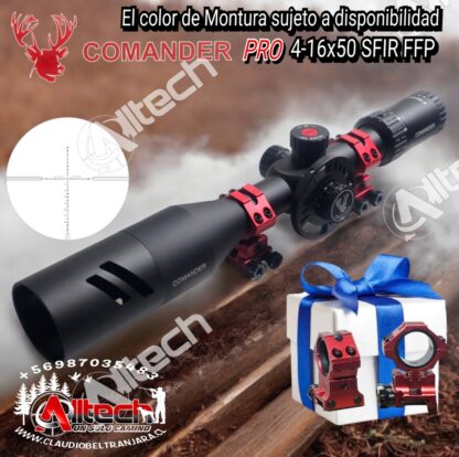 MIRA TELESCOPICA COMANDER PRO 4-16X50 SFIR FFP TUBO 30MM PRIMER PLANO ARMERIA ALLTECH CLAUDIO BELTRAN MONTURAS DE REGULACION DE ALTURA AIRE COMPRIMIDO