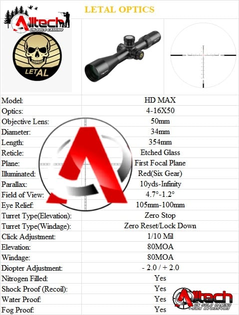MIRA TELESCOPICA LETAL HD MAX 4-16×50 SFIR ZERO STOP + MONTURAS NOT LIMIT + REGULACION ALTURA COLORES armeria alltech aire comprimido caza pesca tiro deportivo