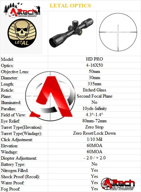 MIRA TELESCOPICA LETAL HD PRO 4-16×50 ZERO STOP 30MM+ REGULACION ALTURA COLORES alltech aire comprimido caza pesca tiro deportivo