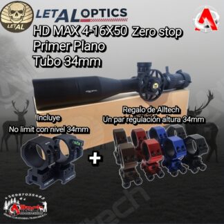 MIRA TELESCOPICA LETAL HD MAX 4-16×50 SFIR ZERO STOP + MONTURAS NOT LIMIT + REGULACION ALTURA COLORES armeria alltech aire comprimido caza pesca tiro deportivo