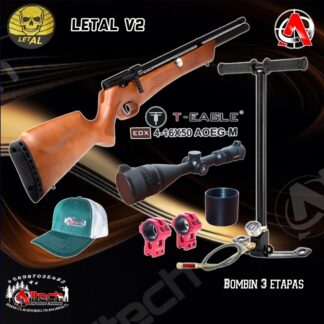 Kit Rifle letal v-2 5,5 regulado + Mira T-eagle 4-16x50+ Bombín 3 etapas + Jockey + Monturas alltech aire comprimido caza pesca tiro deportivo